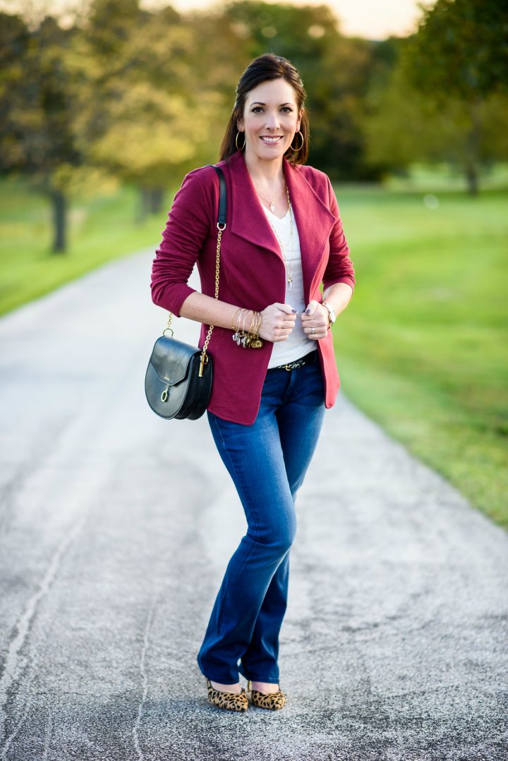 How to Rock a White T-Shirt and Jeans: with a red blazer and leopard pumps
