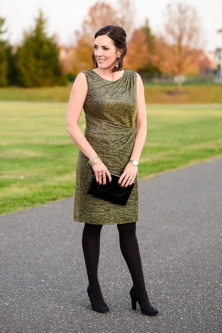 Holiday Cocktail Party Outfit: Gold Dress with Black Tights and Black Suede Pumps