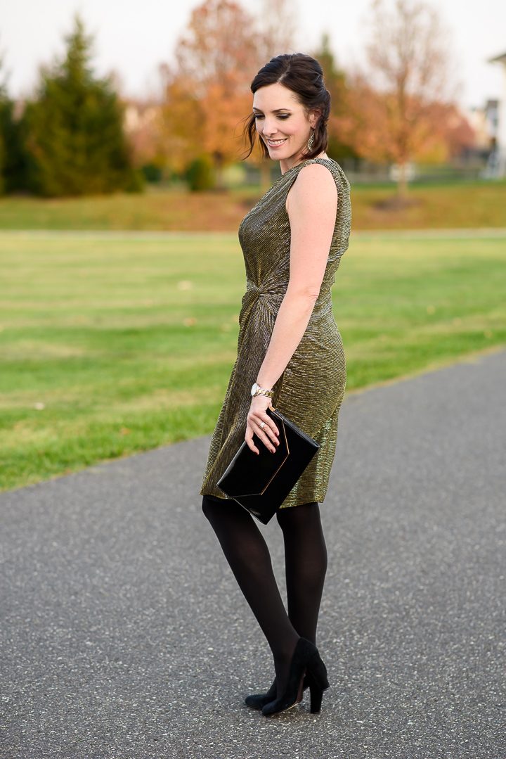 Holiday Cocktail Party Outfit: Gold Dress with Black Tights and Black Suede Pumps