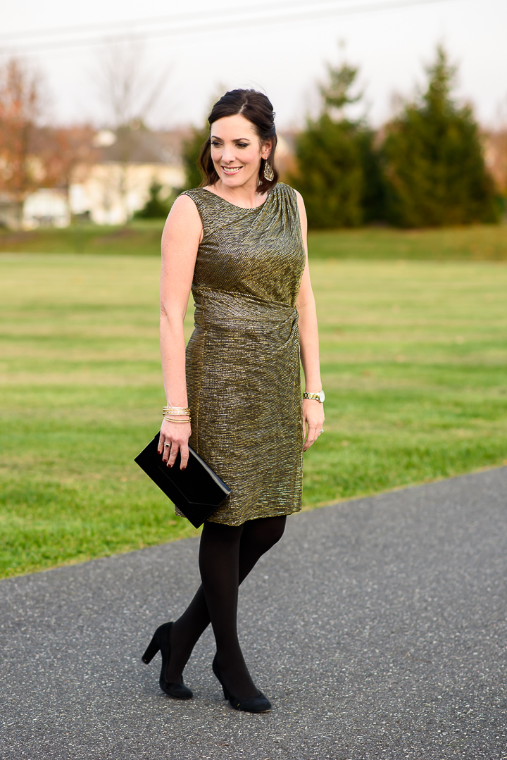 What to Wear for New Year's Eve: Gold Dress with Black Tights and Black Suede Pumps