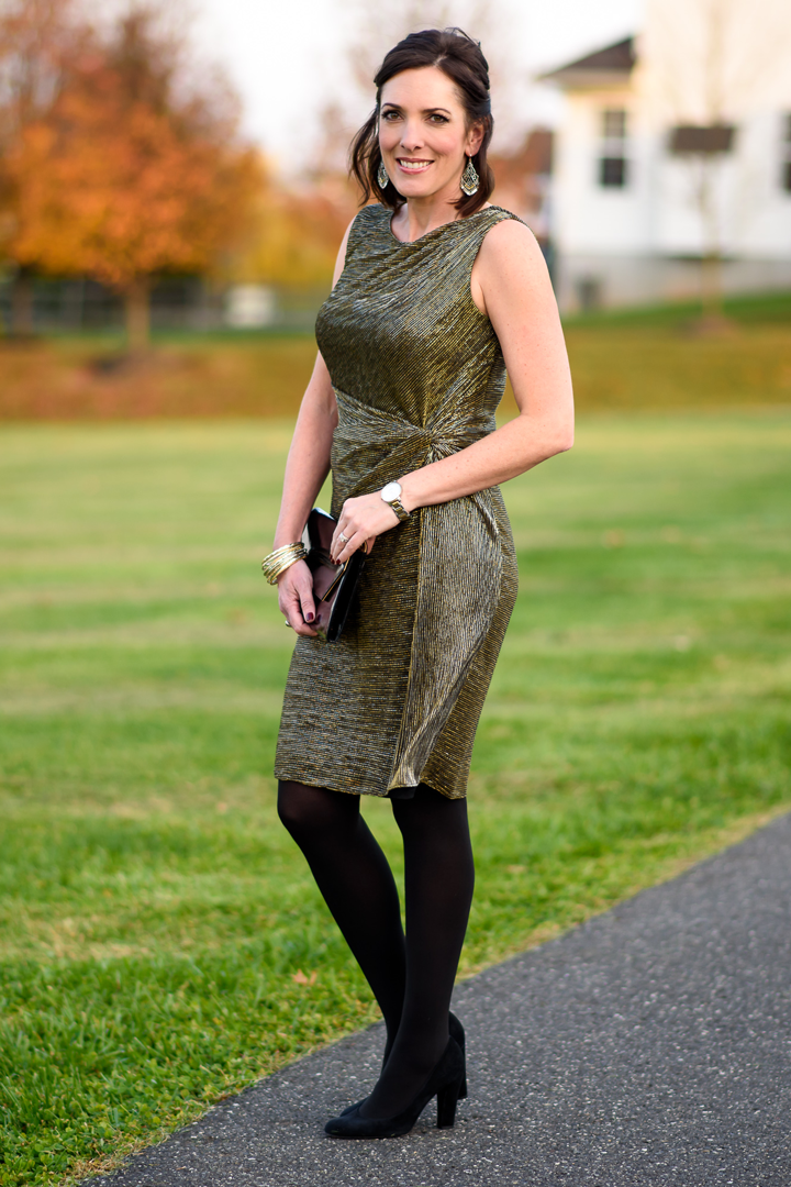 New Year's Eve Party Outfit: Gold Dress with Black Tights and Black Suede Pumps