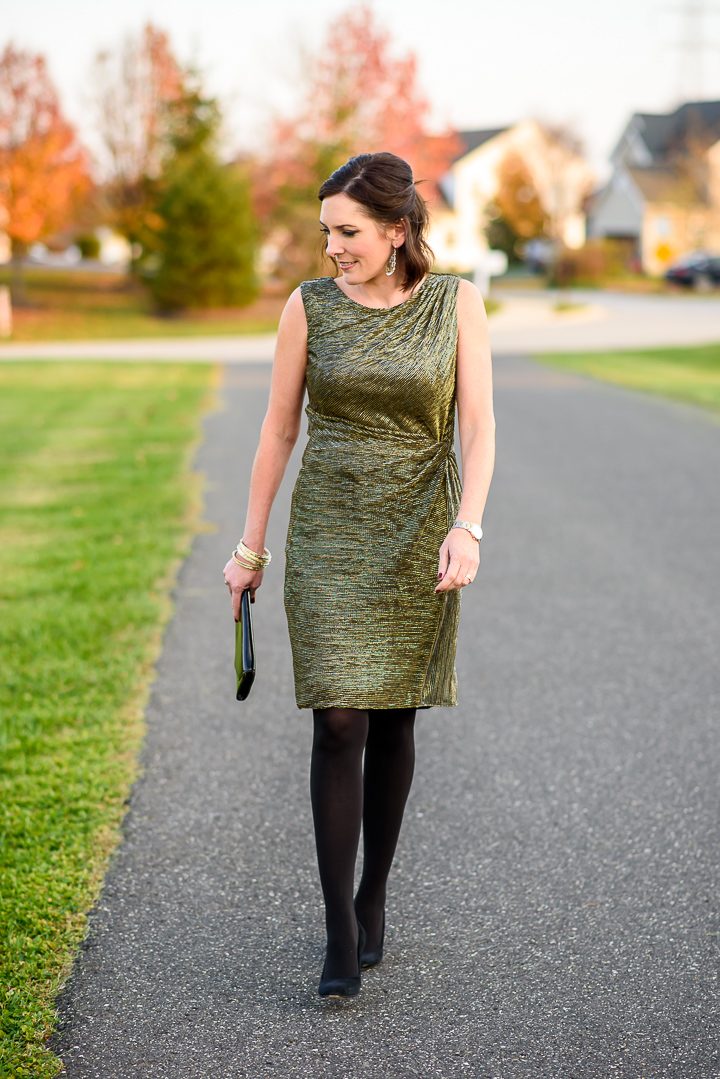 What to Wear for New Year's Eve: Gold Dress with Black Tights and Black Suede Pumps