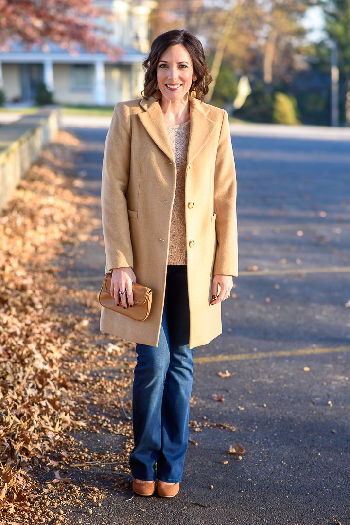 Thanksgiving Outfit Idea: wool camel coat over oatmeal textured sweater with bootcut jeans and cognac suede pumps