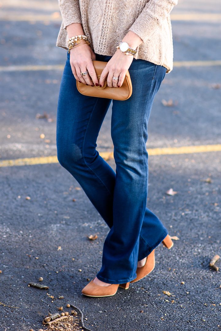 Thanksgiving Outfit Idea featuring bootcut jeans and cognac suede pumps