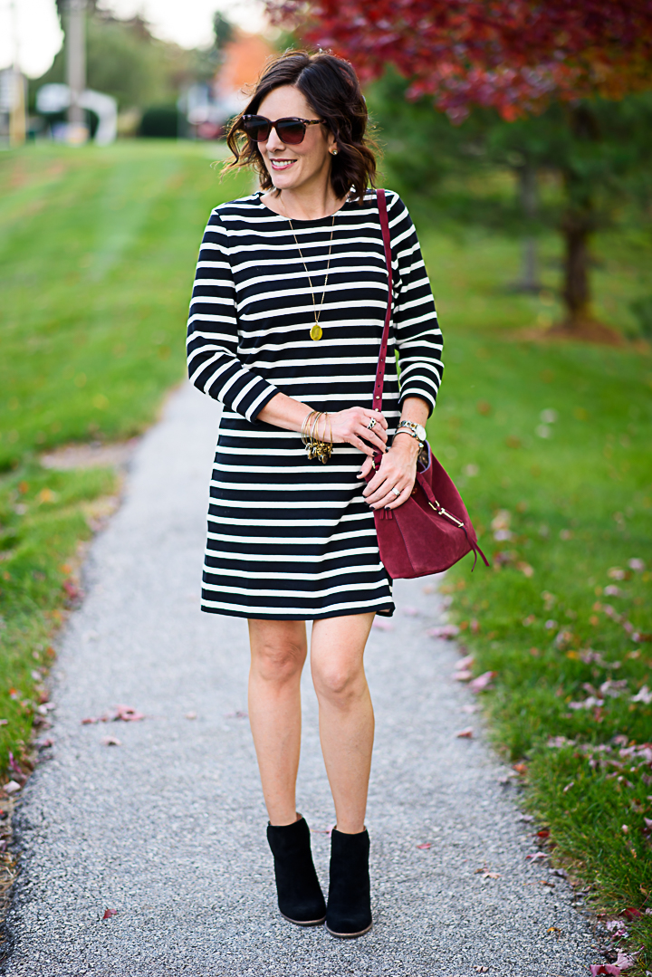 Black and White Striped Dress Outfit for Fall
