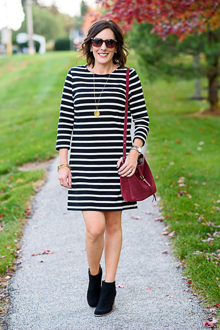 Black and White Striped Dress Outfit for Fall with Ankle Boots
