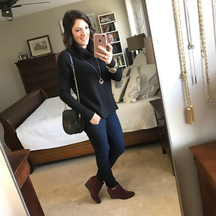 Fashion Over 40 | What I Wore | Black Chunky Turtleneck, Dark Jeans, Beet Red Booties