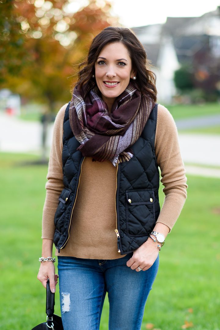 Winter Quilted Vest Outfit with Plaid Scarf