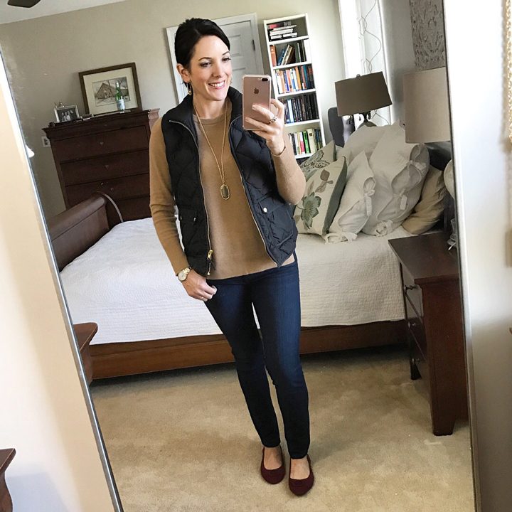 Fashion Over 40 | What I Wore | Camel Sweater with Black Quilted Vest, Jeans and Burgundy Suede Flats