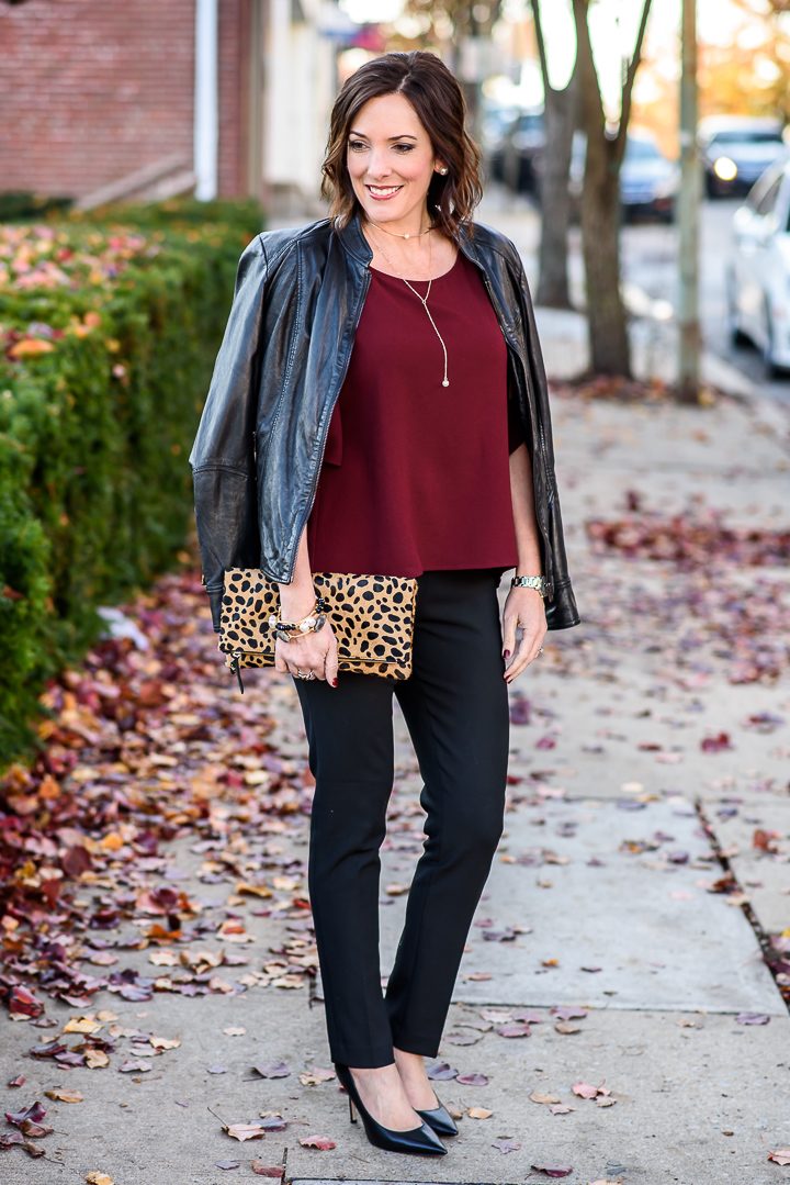This chic holiday party pants outfit with cold shoulder top is perfect for an at-home party or casual at-the-office holiday party.