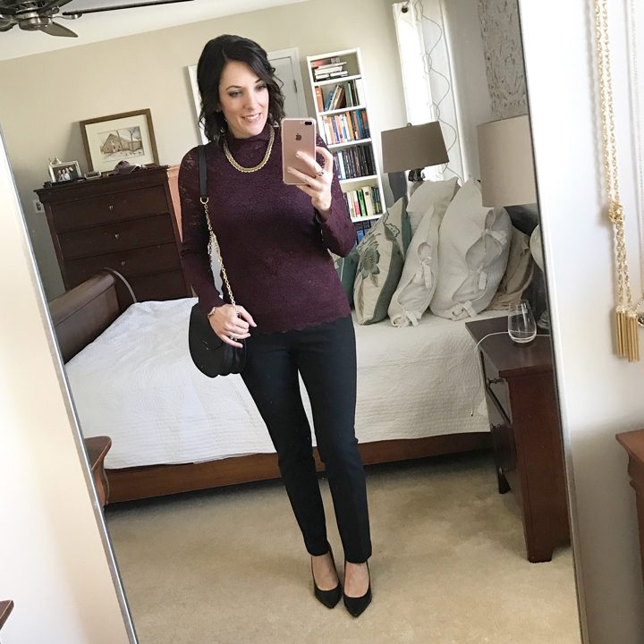 Fashion Over 40 | What I Wore | Lace Mock Neck Top with Black Scuba Skinny Pants and Black Pointy Toe Pumps