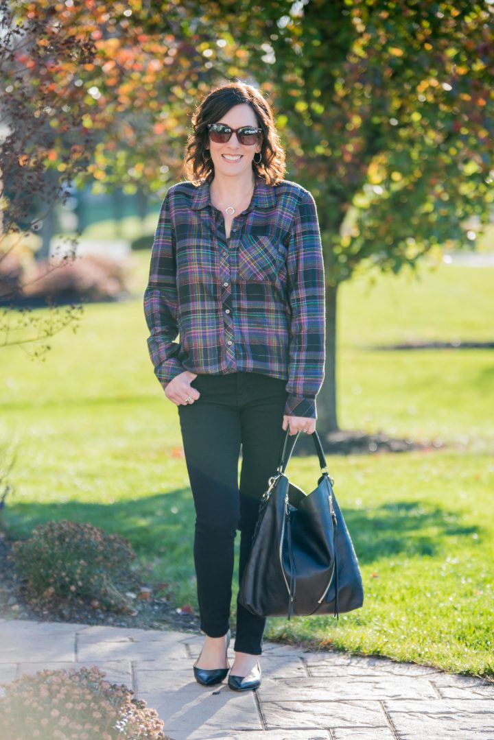 Winter Plaid Shirt Outfit featuring Gap Soft Metallic Plaid Shirt and Frame Le Color Skinny Jeans