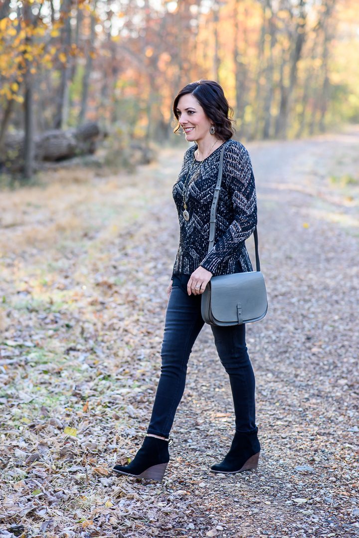 Lucky Brand Brooke Legging Jeans With Chevron Shine Sweater and The Point Shoulder Bag