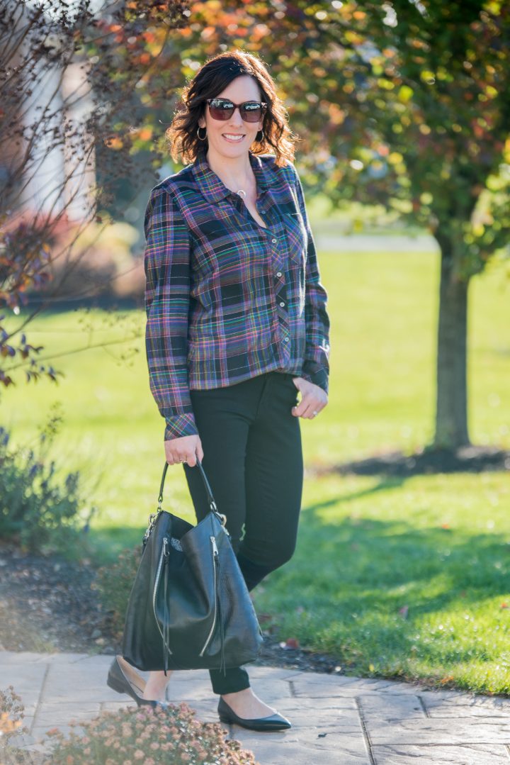 Winter Plaid Shirt Outfit featuring Gap Soft Metallic Plaid Shirt and Frame Le Color Skinny Jeans
