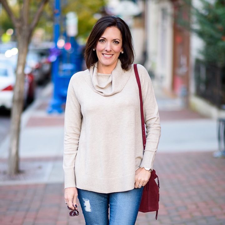Fashion Over 40 | What I Wore | LOFT Cowl Neck Tunic with Distressed AG Skinny Jeans