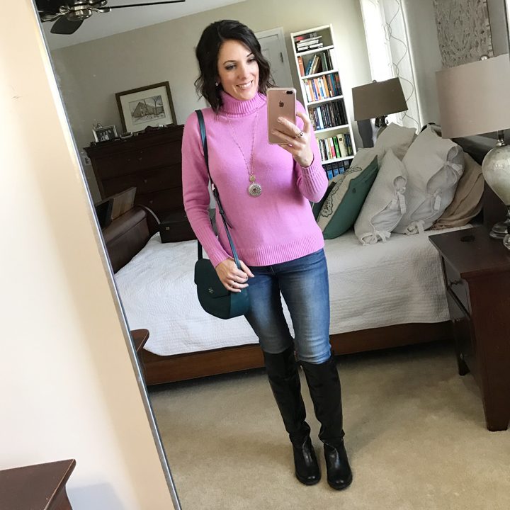 Fashion Over 40 | What I Wore | Pink Chunky Turtleneck with Skinny Jeans and Black OTK Boots