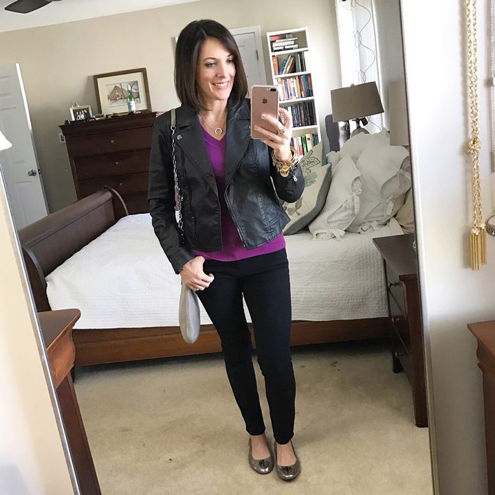 Fashion Over 40 | What I Wore | Purple V-Neck Sweater with Moto Jacket and Black Jeans