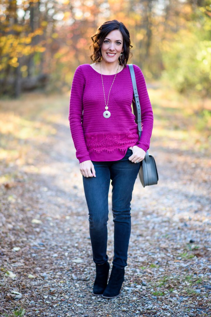 Jo-Lynne Shane styling the Lucky Brand Brooke Legging Jeans with Lace Mix Sweater and Tribal Pendant