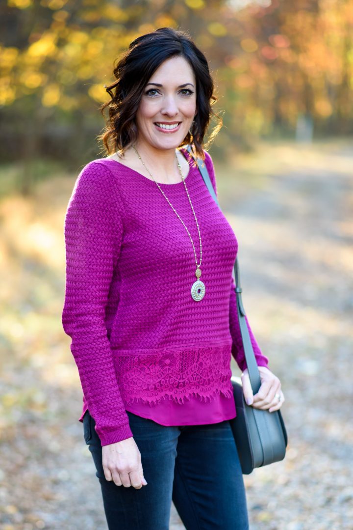 Jo-Lynne Shane styling the Lucky Brand Brooke Legging Jeans with Lace Mix Sweater and Tribal Pendant