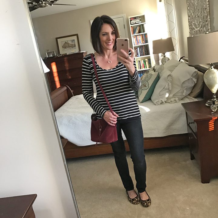 Fashion Over 40 | What I Wore | Black and White Striped Top with Black Jeans and Leopard Flats