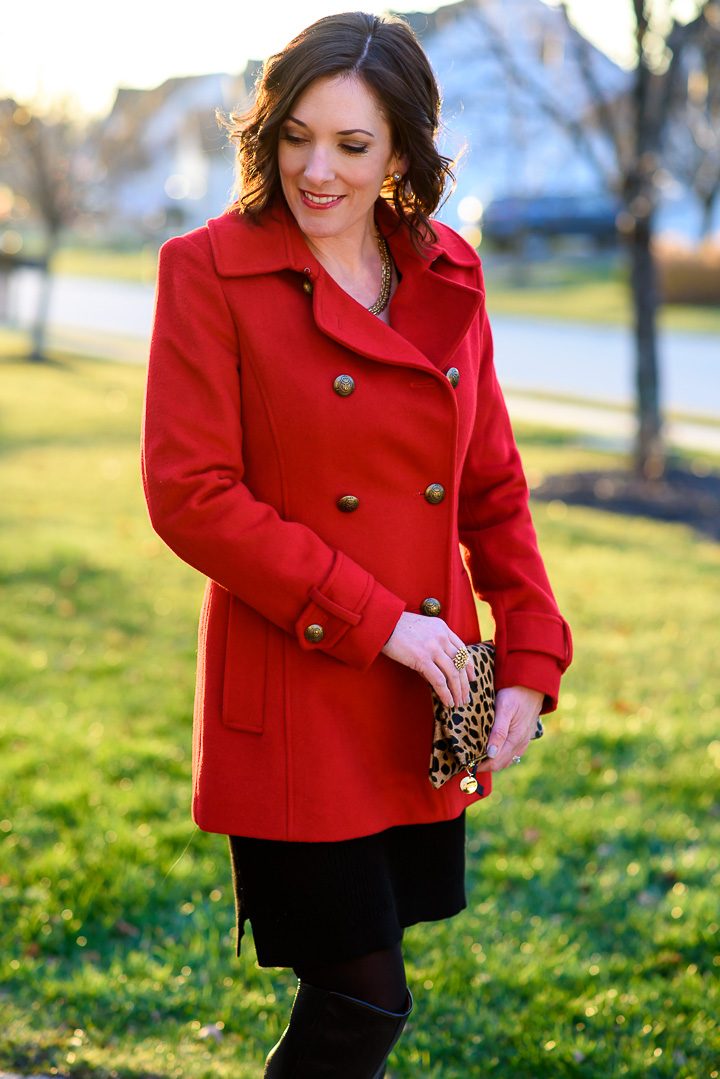 Holiday Style: Red Pea Coat over Black Sweater Dress
