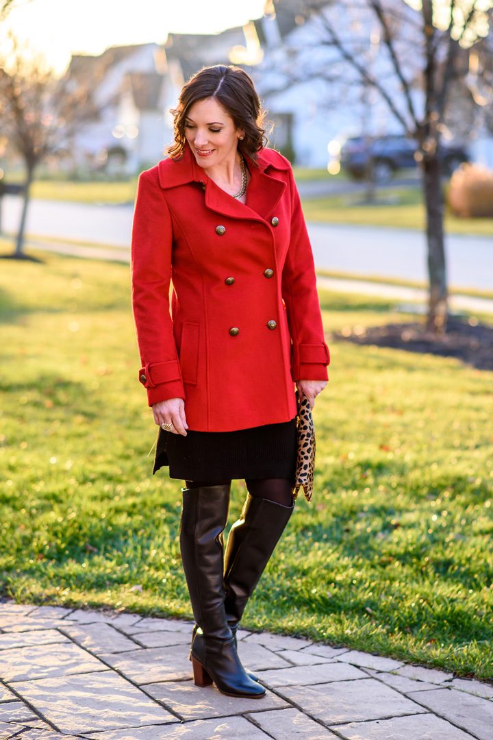Holiday Style: Red Pea Coat over Black Sweater Dress with Black OTK Boots