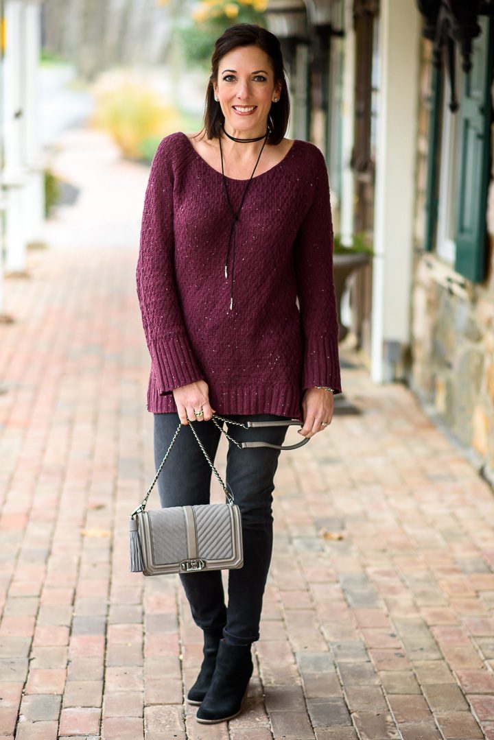 Holiday Gift Ideas: Pompom Beanie, Hinge Slouchy Sweater, R Minkoff Love Crossbody and Choker String Necklace