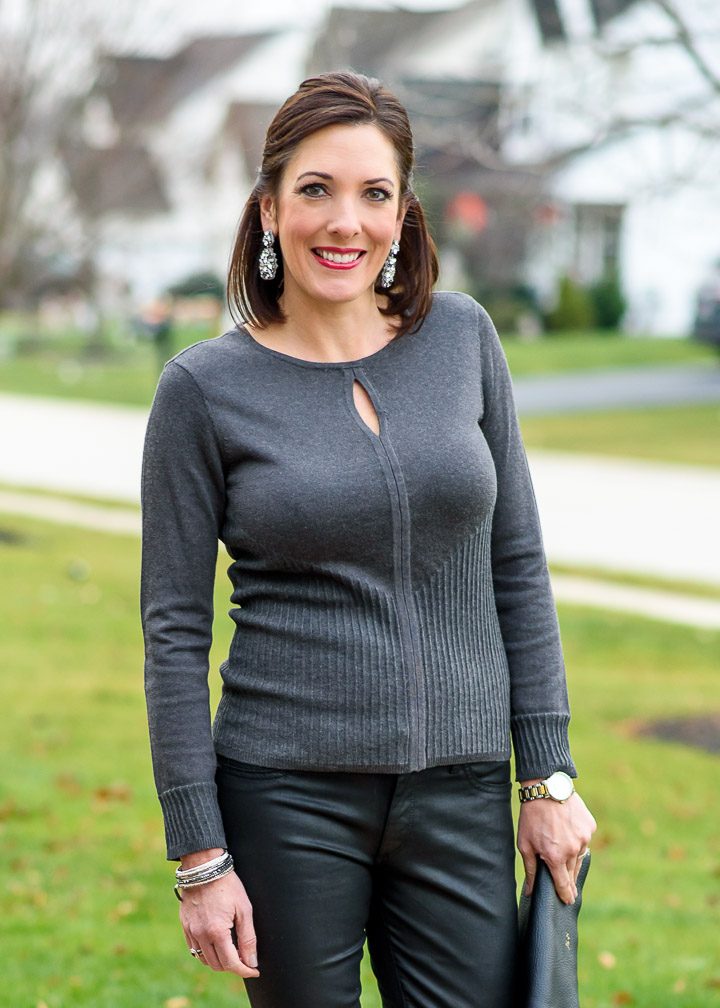 Holiday Party Outfit with Charcoal Keyhole Sweater & Coated Denim