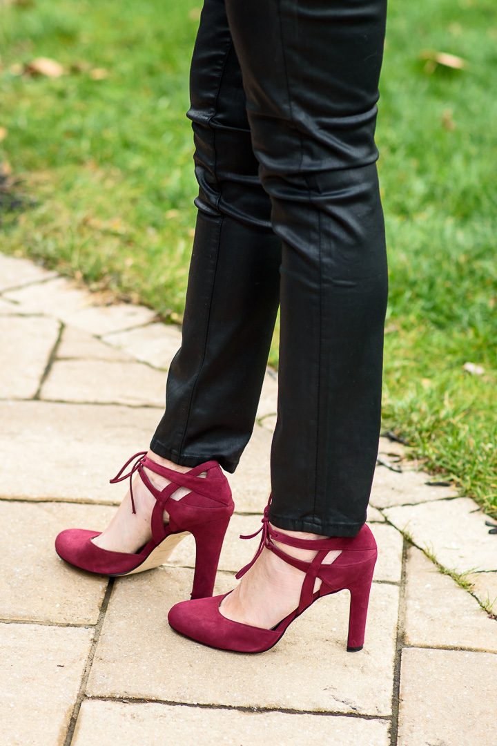 Holiday Party Outfit with Burgundy Suede Lace-Up d'Orsay Pumps