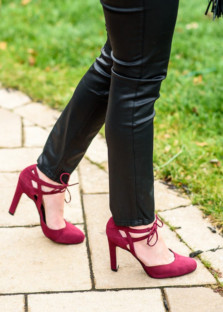 Holiday Party Outfit with burgundy suede lace-up d'orsay pumps