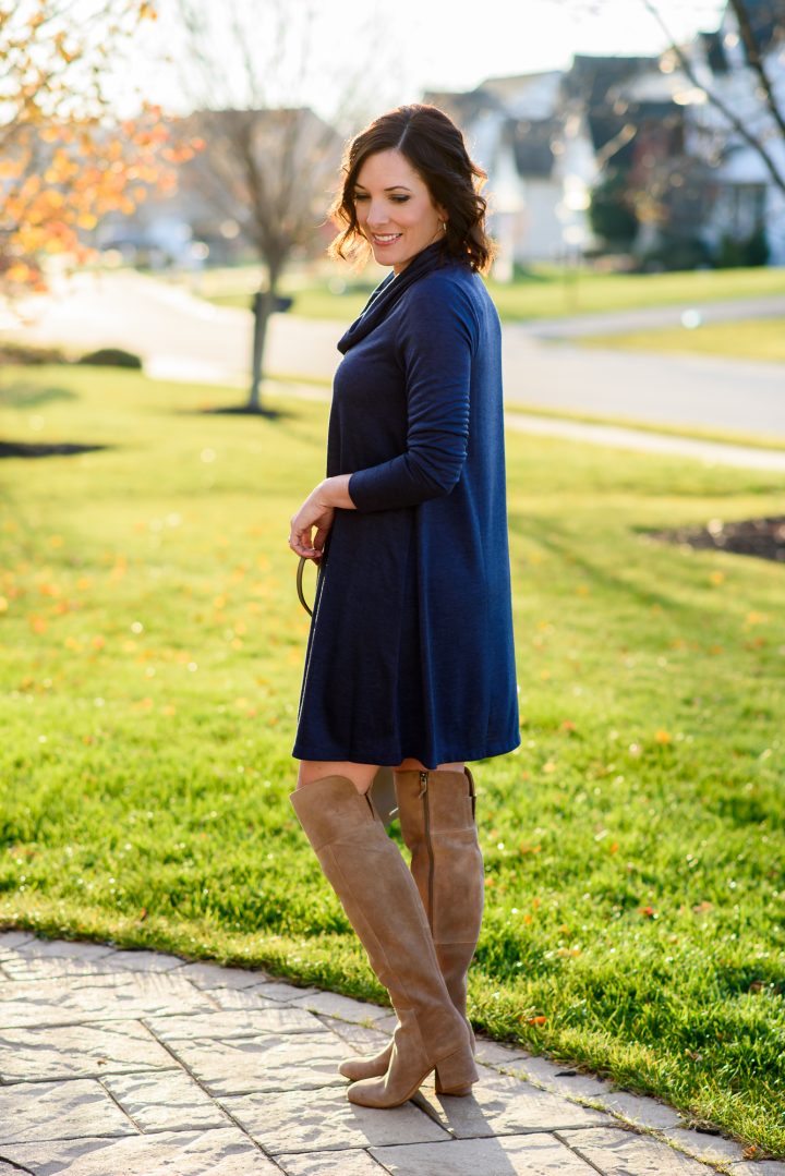 Styling this LOFT cowl neck swing dress with over the knee boots for a casual winter dress outfit. 
