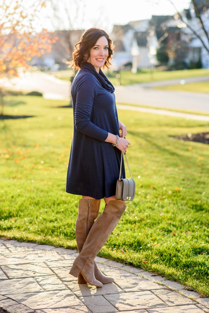 Styling this LOFT cowl neck swing dress with over the knee boots for a casual winter dress outfit. 