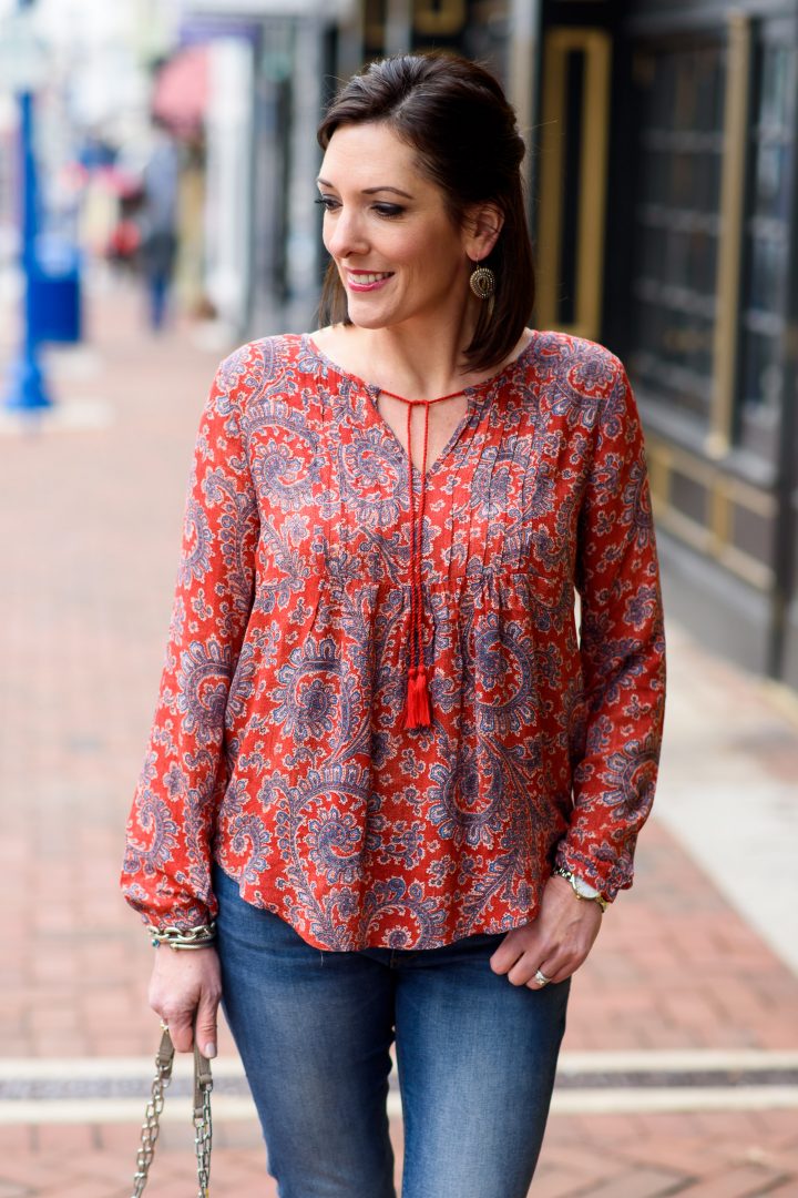 Printed Peasant Top with Blue Jeans and Grey Booties