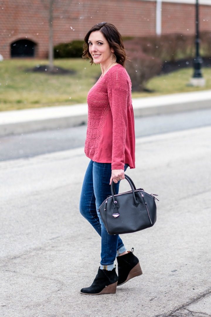 Spring Transitional Style: pink Drape Back Sweater, Lucky Brand Brooke Legging Jeans, and booties