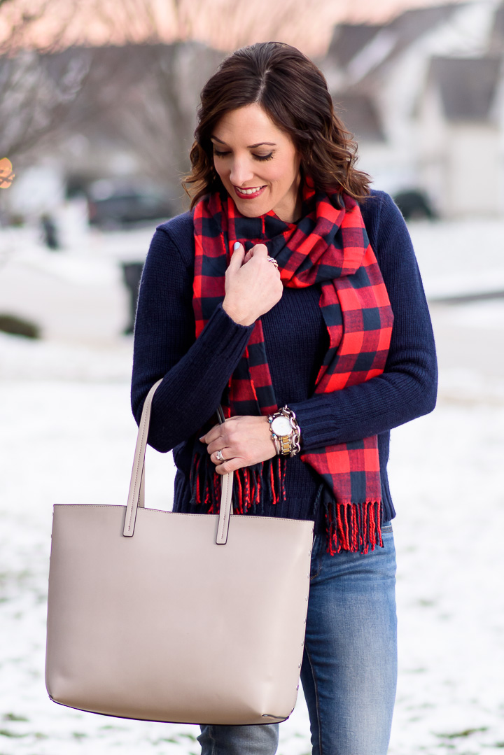 Casual Winter Outfit Formula for Moms: Skinny Jeans + Solid Pullover + Scarf + Ballet Flats