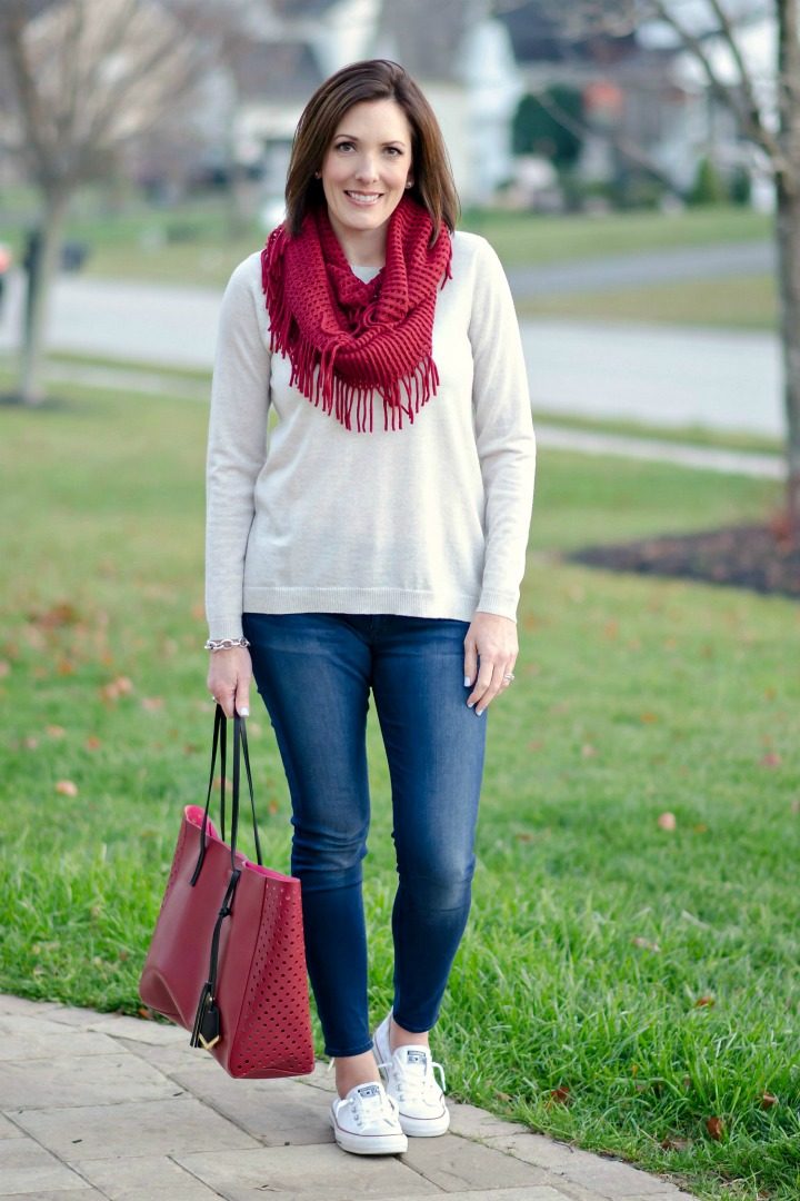 3 ways to wear converse shoreline: with white pullover, skinny jeans, and red scarf