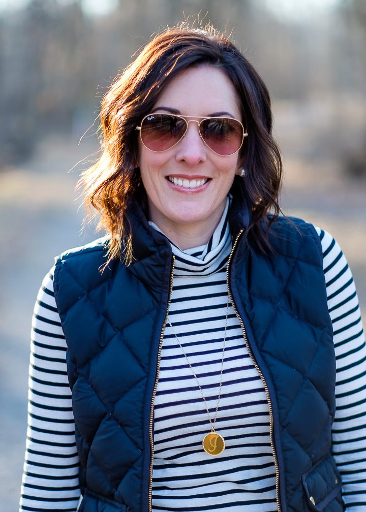 Styling the J.Crew Excursion Vest with Striped Tissue Turtleneck