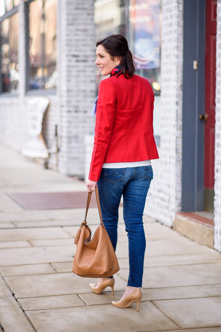 Sharing how to style a red blazer with jeans and a neck scarf. I love mixing dressy and casual pieces for a modern look.