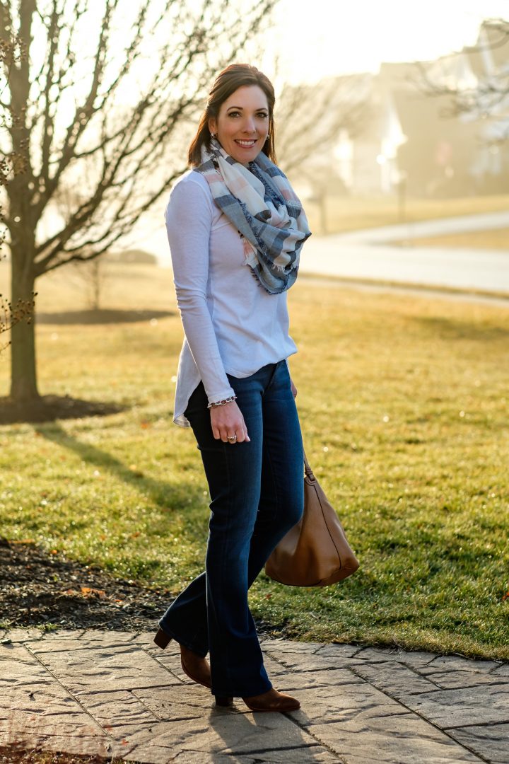Bootcut Jeans with a White Tee & Spring Scarf