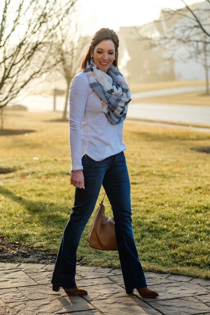 Bootcut Jeans with a White Tee & Spring Scarf