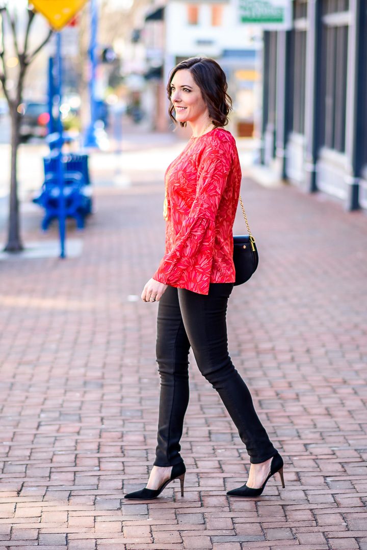 Such a perfect Valentine’s Day Dinner Outfit with this red and pink print bell sleeve top from Banana Republic.