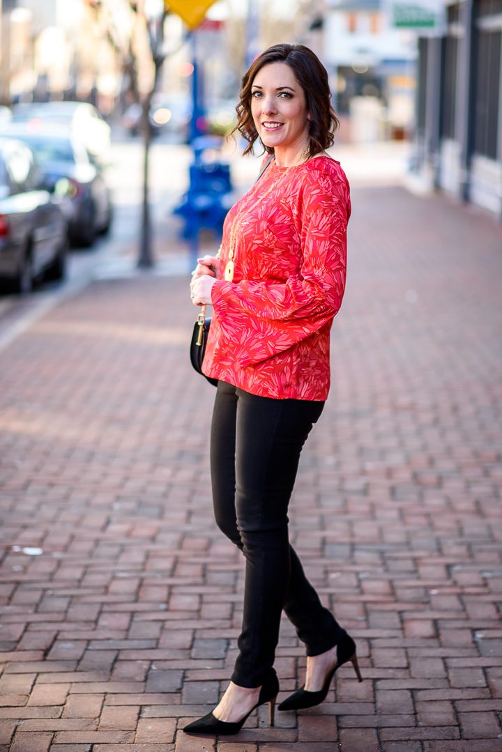 Such a perfect Valentine’s Day Dinner Outfit with this red and pink print bell sleeve top from Banana Republic.