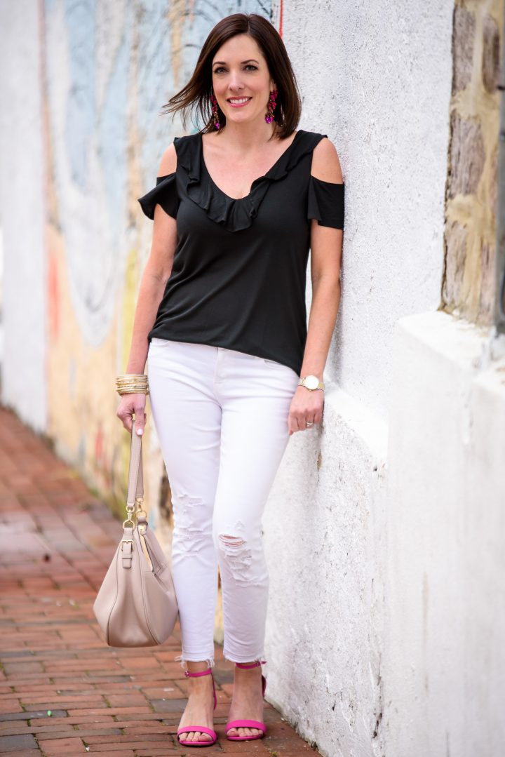 I'm date night ready with this black and white outfit featuring a black Banana Republic cold shoulder ruffle tank, white J.Brand jeans, and pink Steve Madden Irenne Block Heel Ankle Strap Sandals!