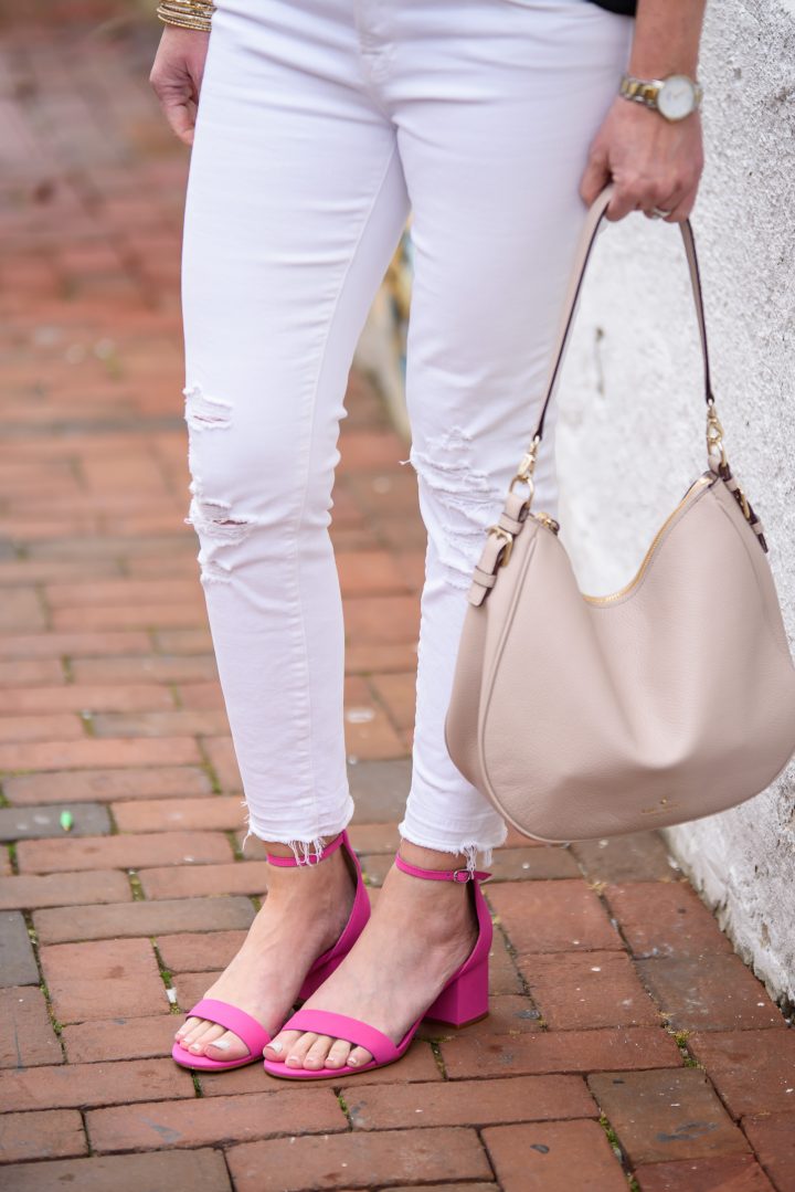Spring/Summer Date Night Outfit: Black Cold Shoulder Ruffle Tank with white J.Brand jeans and pink Steve Madden Irenne Block Heel Ankle Strap Sandals