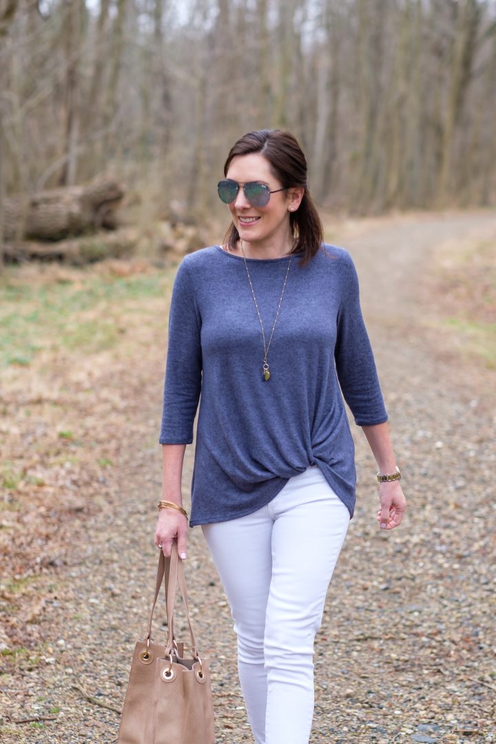 Spring Weekend Style with Nordstrom: twist front pullover with white jeans and converse