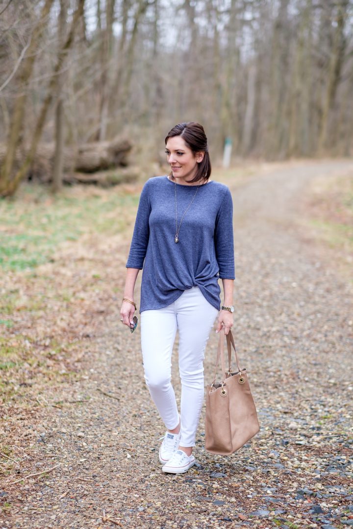 Spring Weekend Outfit with Nordstrom: twist front pullover with white jeans and converse