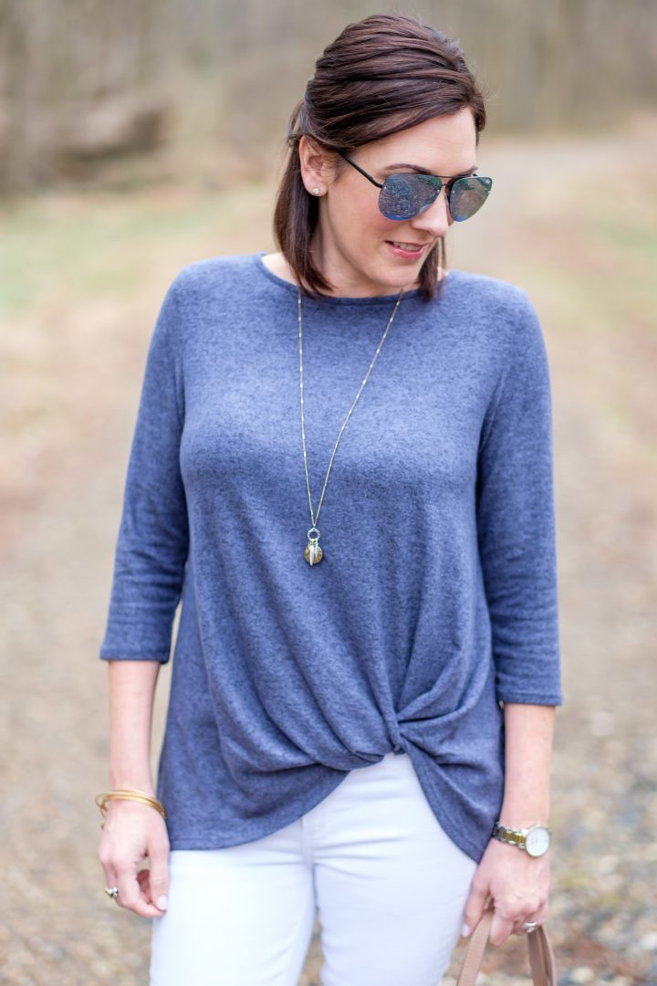 Spring Weekend Style with Nordstrom: twist front pullover with white jeans and converse