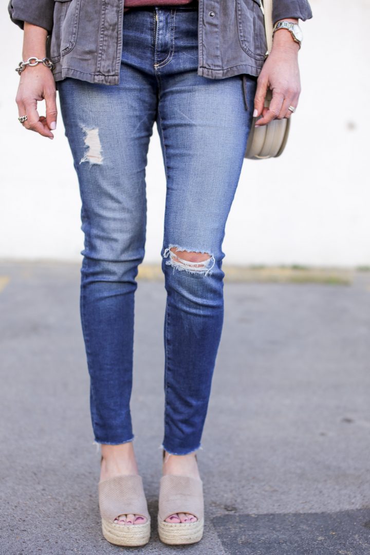 AG Raw Hem Legging Ankle Jeans with Marc Fisher Adalyn Wedges