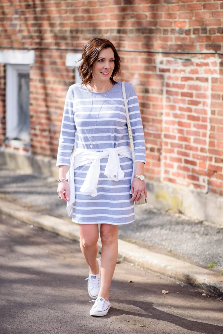 This casual stripe dress with Converse Shoreline kicks is a perfect casual weekend outfit for spring. Best of all, the dress is $24!