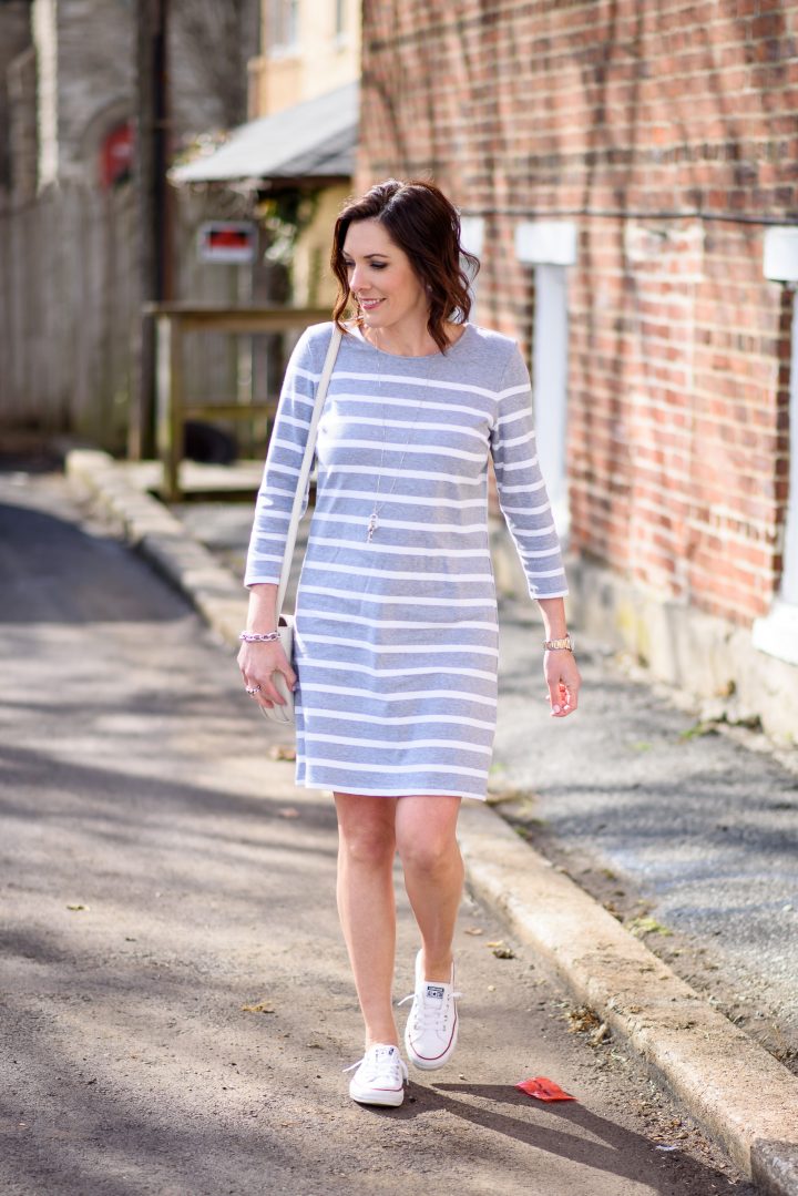 This casual stripe dress with Converse Shoreline kicks is a perfect casual weekend outfit for spring. Best of all, the dress is $24!